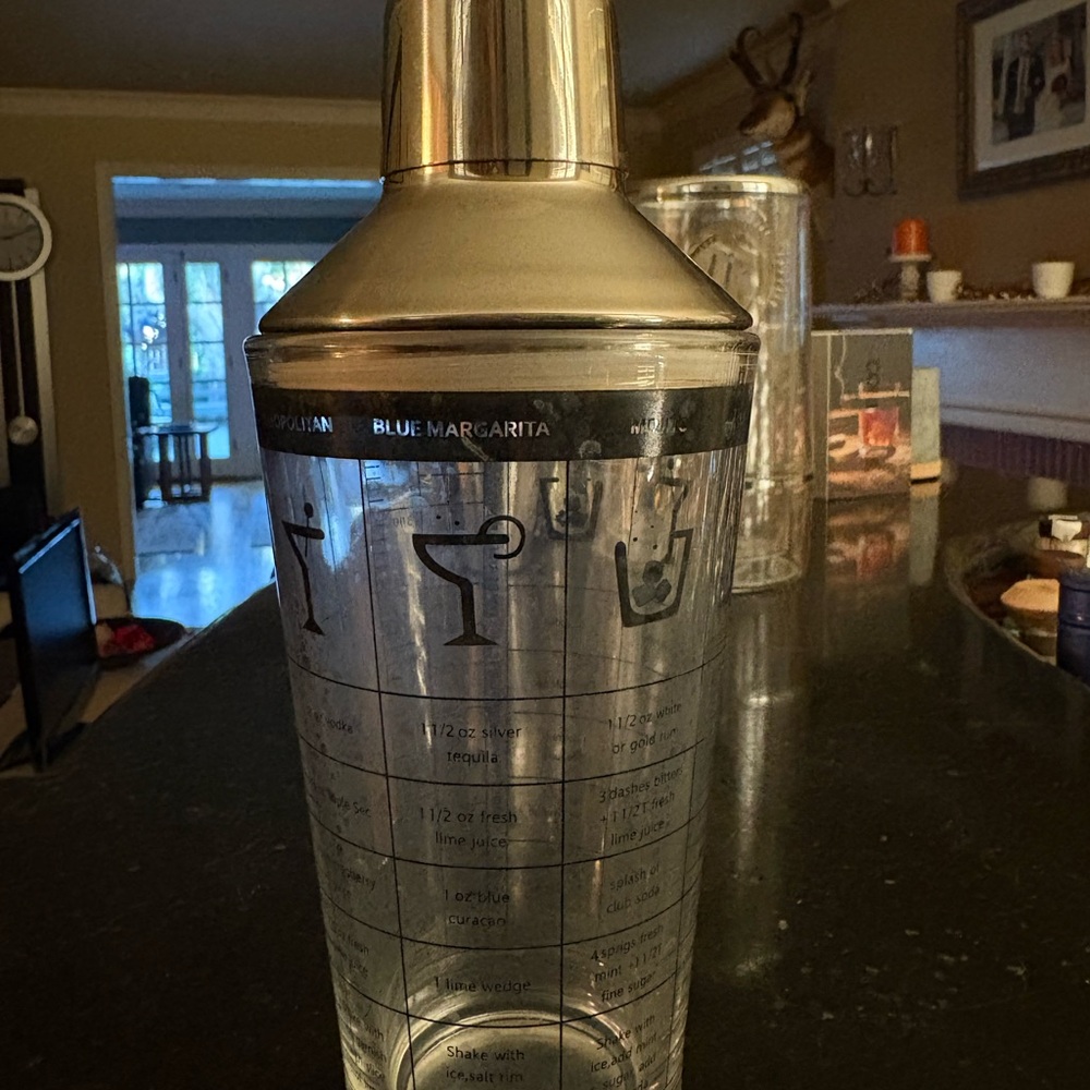 Silver and Glass Cocktail Shaker with Cocktail Recipes